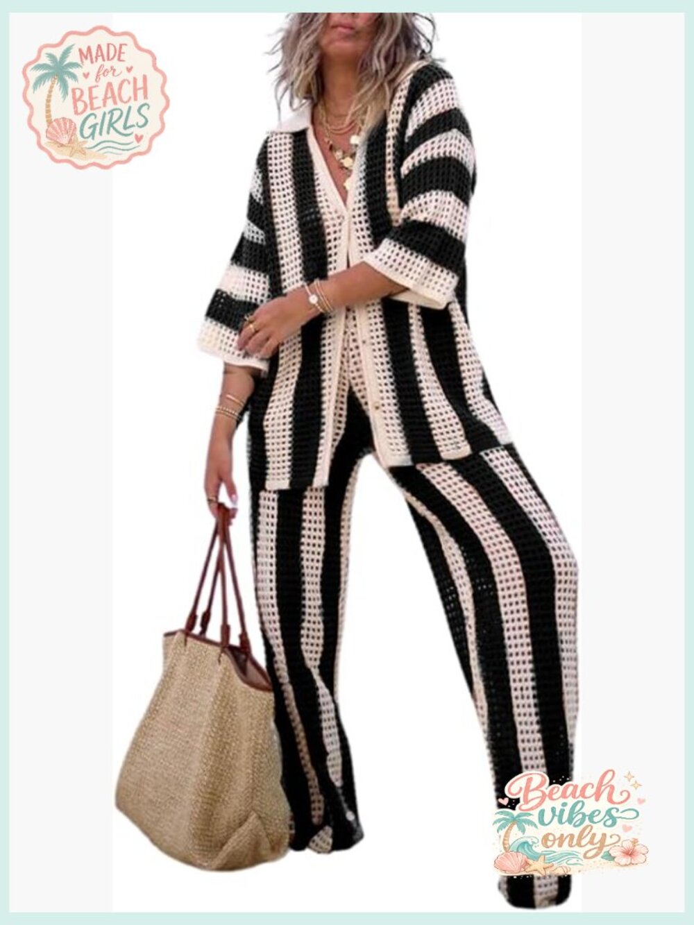 Crochet 2 Piece Cover Up Set with Pants Button Up Top Beach Vacation